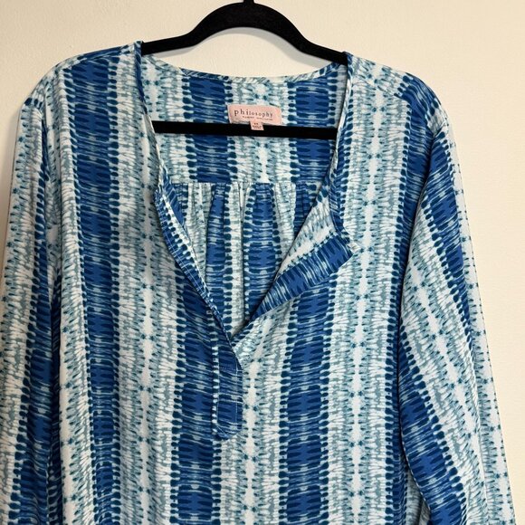 Philosophy Woman Blue/Teal Tie Dye Striped Tunic Pullover Long Sleeve Blouse Top - Picture 3 of 6